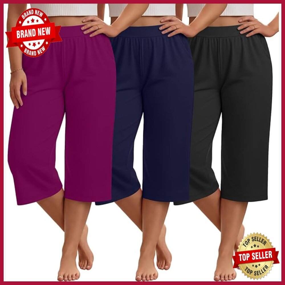 Plus Size Capri Sweatpants 3 Pack Wide Leg Yoga Pants with Pockets